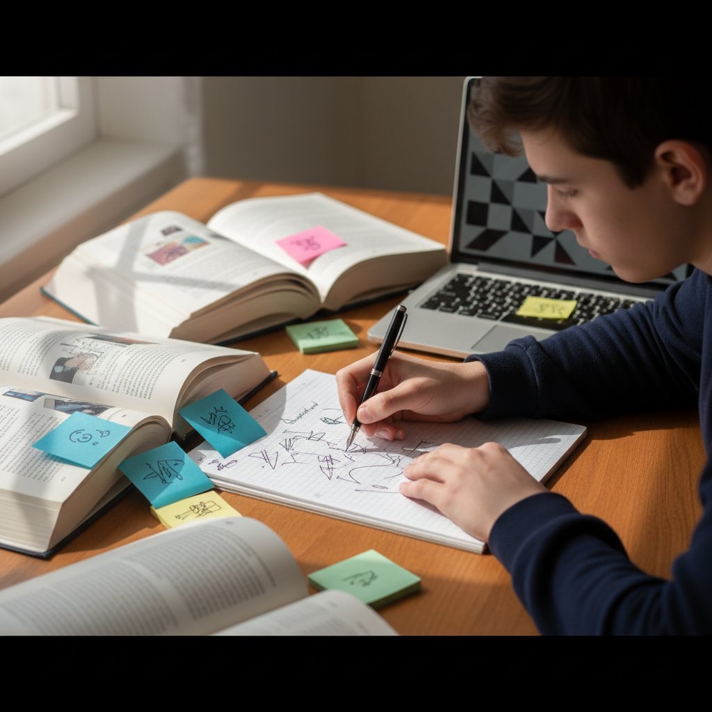 Student working on school essay with guidance materials and books